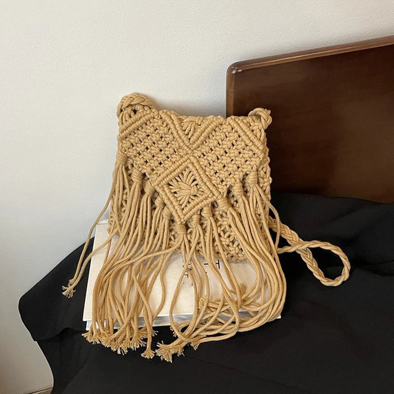 Women Crochet Shoulder Bag Tassel Handwoven Crossbody Solid Bohemian Vue khaki