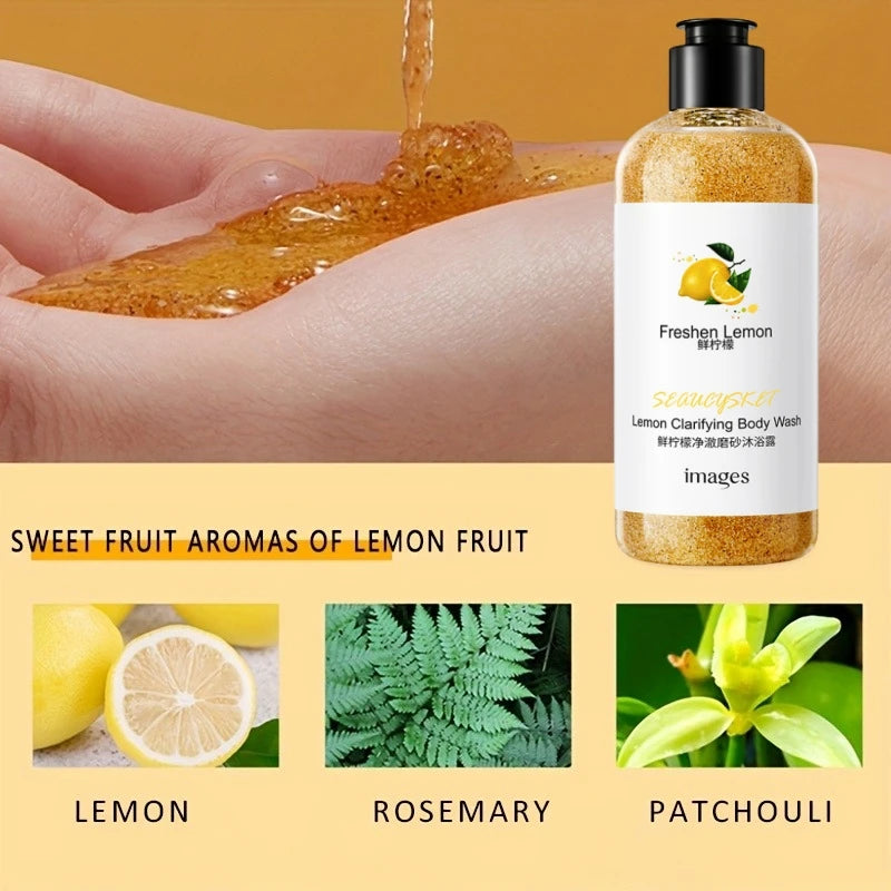 300ml Lemon Scrub Shower Gel, Alcohol-Free, Non-Greasy, Formaldehyde-Free, Rich in Citric Acid, Vitamin E, and Hyaluronic Acid, Suitable for All Light Beige Skin Types, with a Fresh Scent, Featuring Moisturizing, Nourishing, Vue