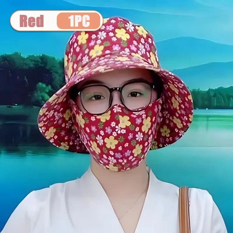 1-2PCS Women‘s Sun Hat with Face Mask Floral Leaf Pattern Wide Brim UV Protection for Outdoor Hiking Gardening Beach Vue Red-1PC
