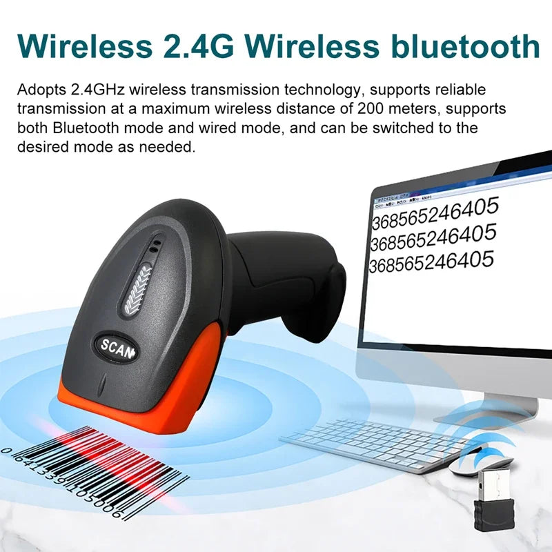 2D Handhel Barcode Scanner with Holder Portable 2.4G Wireless Bluetooth 1D 2D QR Code Reader Wired Bar Code Scanner with Stand Vue