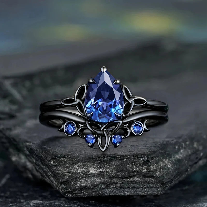 Huitan Black Plated Blue CZ Pear Ring | Vintage Women's Jewelry Fashion Ring Vue A353 9