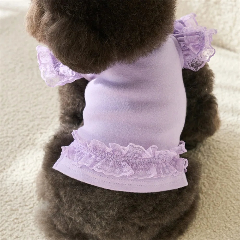 Comfortable Lace Pet Summer Vest Soft Breathable Cat Base Skirt Flying Sleeve Dog Clothes Small Animal Vue Purple M