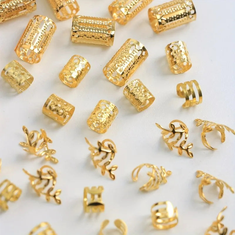 40Pc Mix Hair Braider Metal Hair Rings Beads Cuffs Tubes Charms African Hair Braids Hollow Out Dread Decoration Accessories Gold Vue