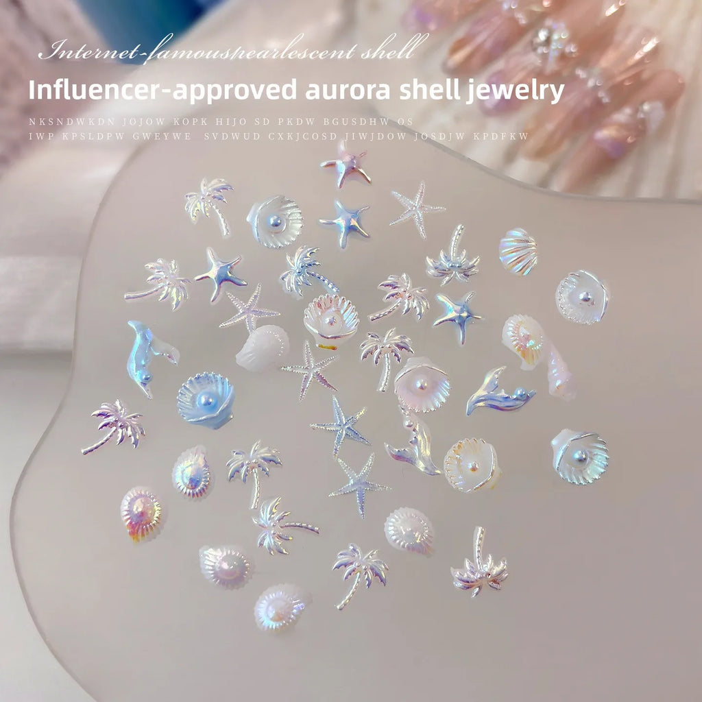 Mixed Aurora Shell Nail Charms Ocean Series Starfish Conch Coconut Tree Resin Nail Art Decorations DIY Manicure Accessories Vue