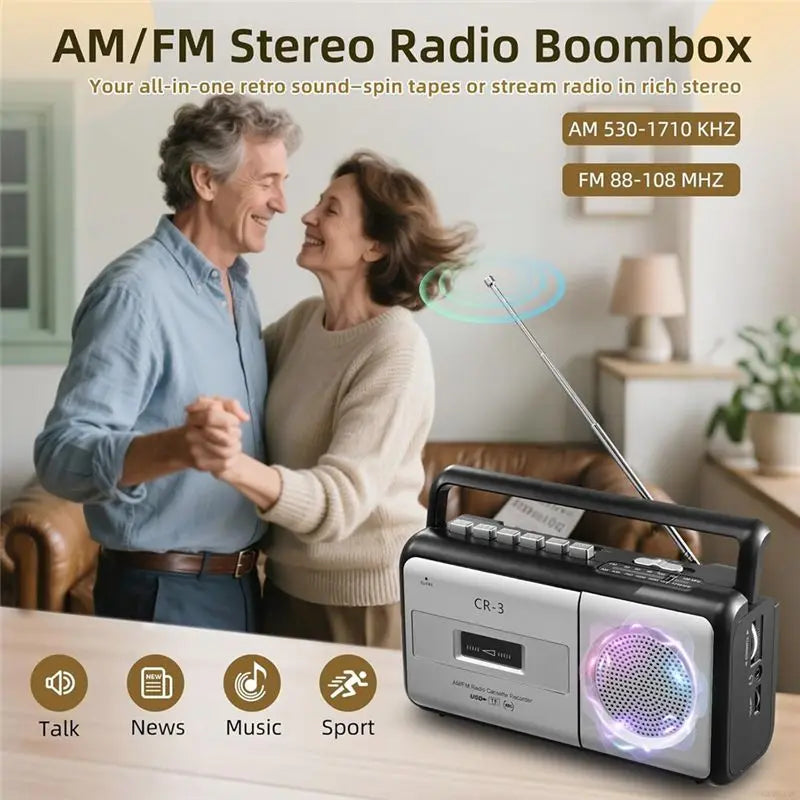 Hot-MP3 Player Recorder AM/FM Radio, Boombox Stereo Portable Cassette Tape Player For Home Outdoor-US Plug Vue