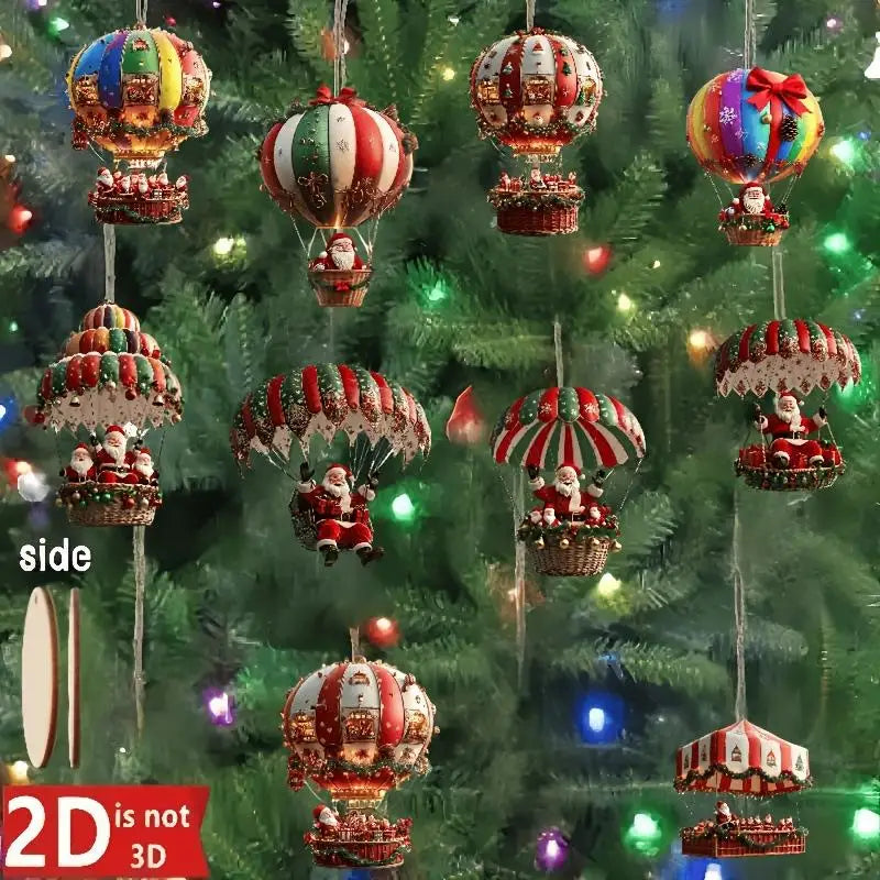 Christmas Wooden Air Balloon Santa Claus 2D Flat Pendant Tree Vue