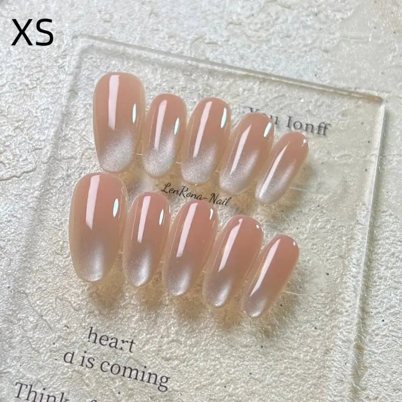 Solid Color Press On Nails, Ice Transparent Cat Eye Nails Handmade Nude Skin-Flattering Nail Patches Vue XS