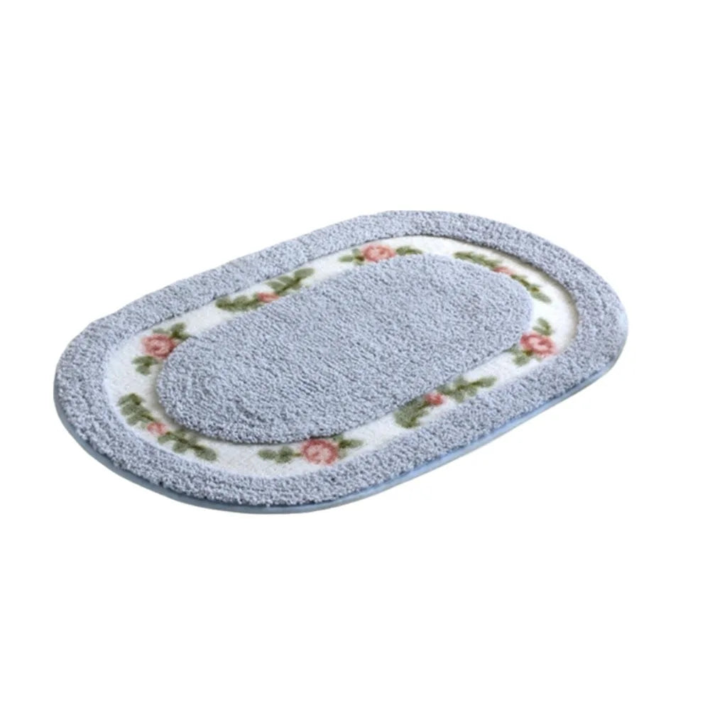 Romantic Fluffy Rose Pattern Door Mat Absorbent Nonslip Bath Mat Thickened Pastoral Style Carpet Living Room Vue Blue-23.62x15.75 in