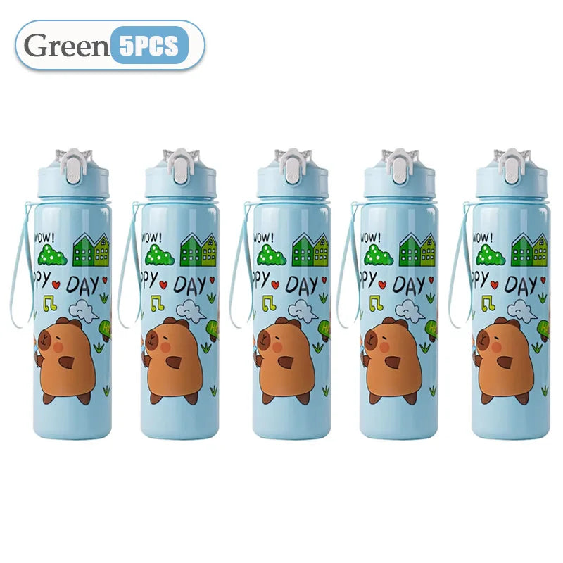 1-10PCS Cartoon Capybara Leak Proof Straw Cup with Braided Handle for Holiday Camping Picnic School Gift Portable Drinkware Vue 601-700ml Green-5PCS