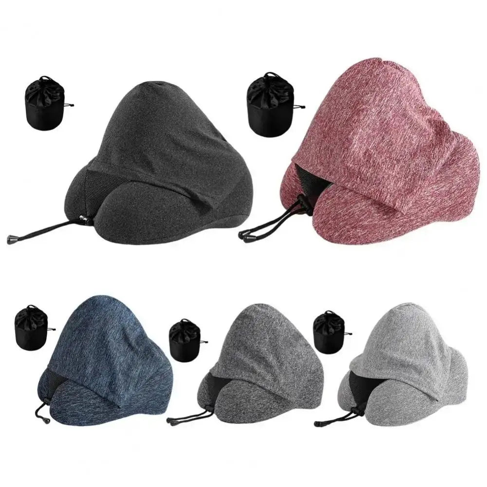 Adjustable Drawstring Hooded Travel Pillow Breathable Washable U-shaped Pillow with Cap Comfortable Soft Support Vue