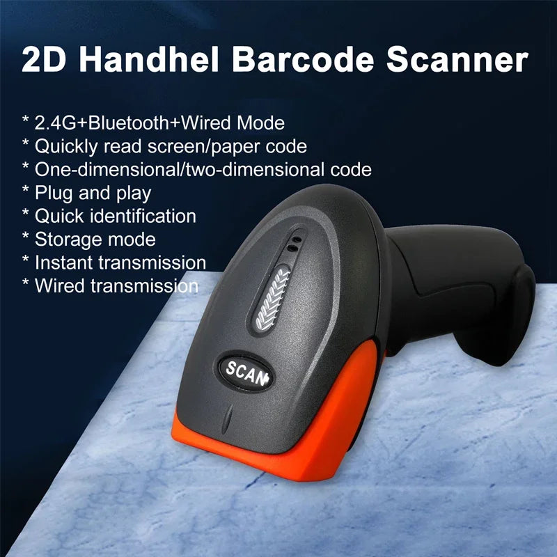 2D Handhel Barcode Scanner with Holder Portable 2.4G Wireless Bluetooth 1D 2D QR Code Reader Wired Bar Code Scanner with Stand Vue