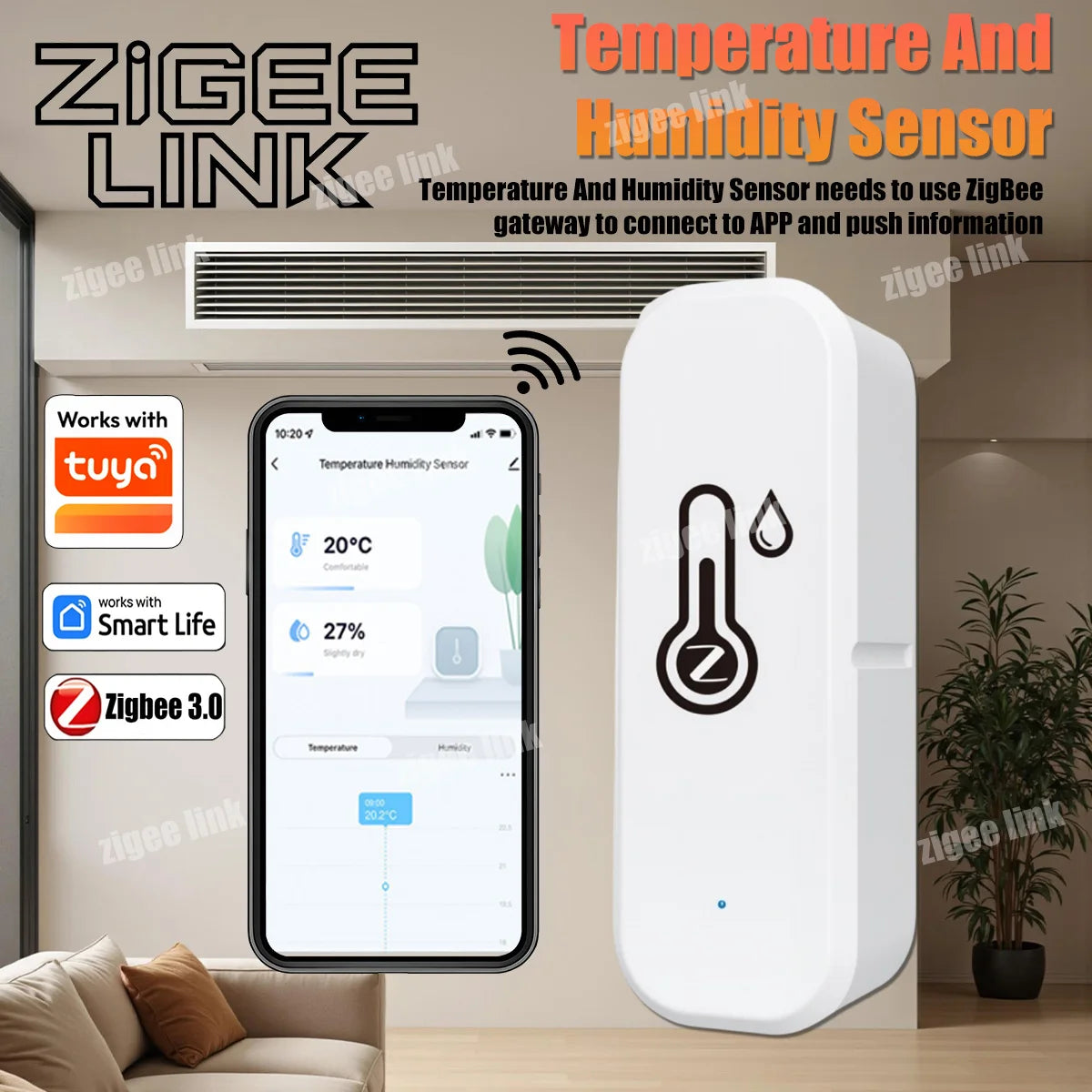 Zigbee 3.0 Temperature and Humidity Sensor Smart Home Indoor Thermometer Hygrometer Monitoring APP Remote Work with Tuya Alexa Vue Default Title