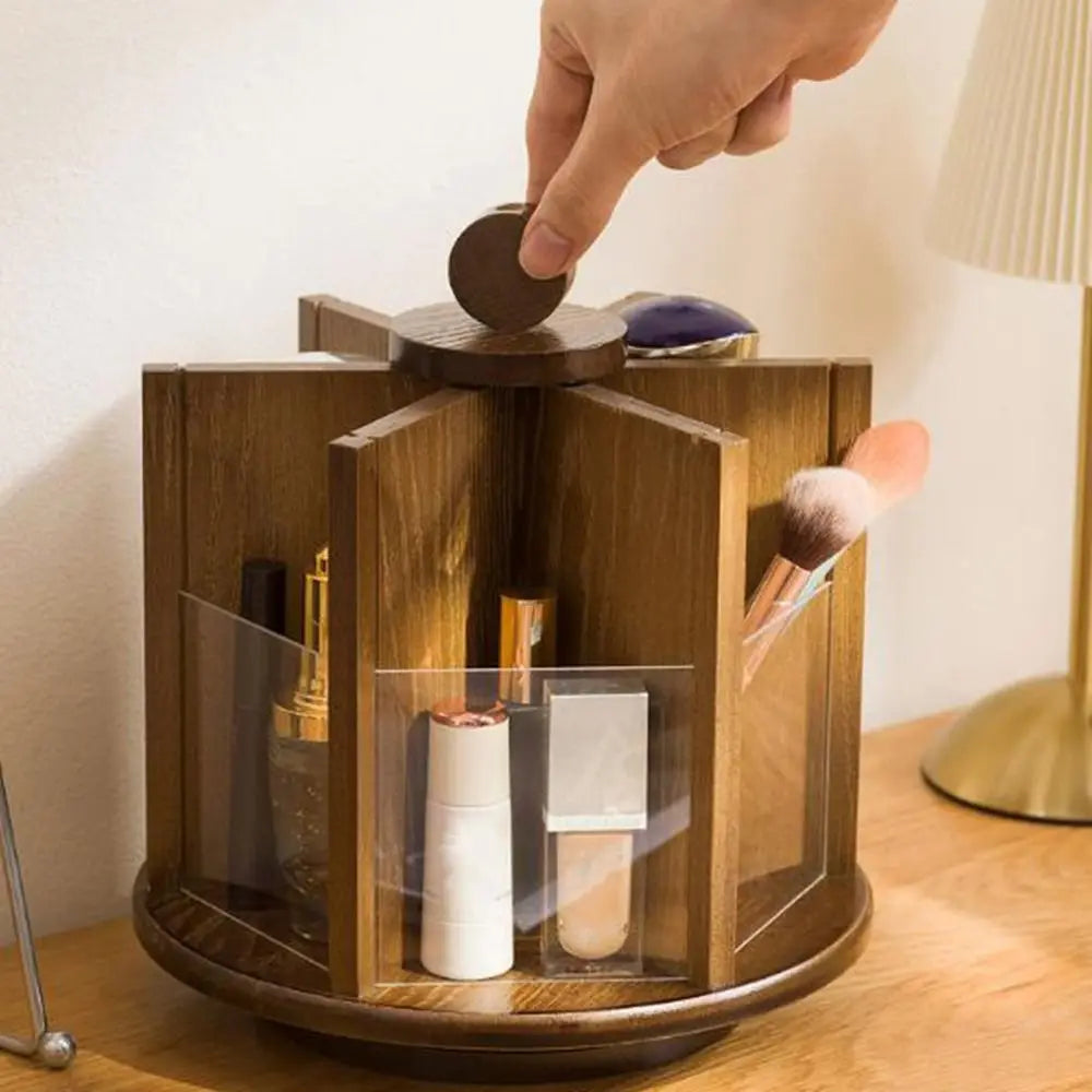 Bamboo Rotating Cosmetic Storage Box Multi-Compartment Space Saving Facial Care Storage Rack Large Capacity Makeup Organizer Vue