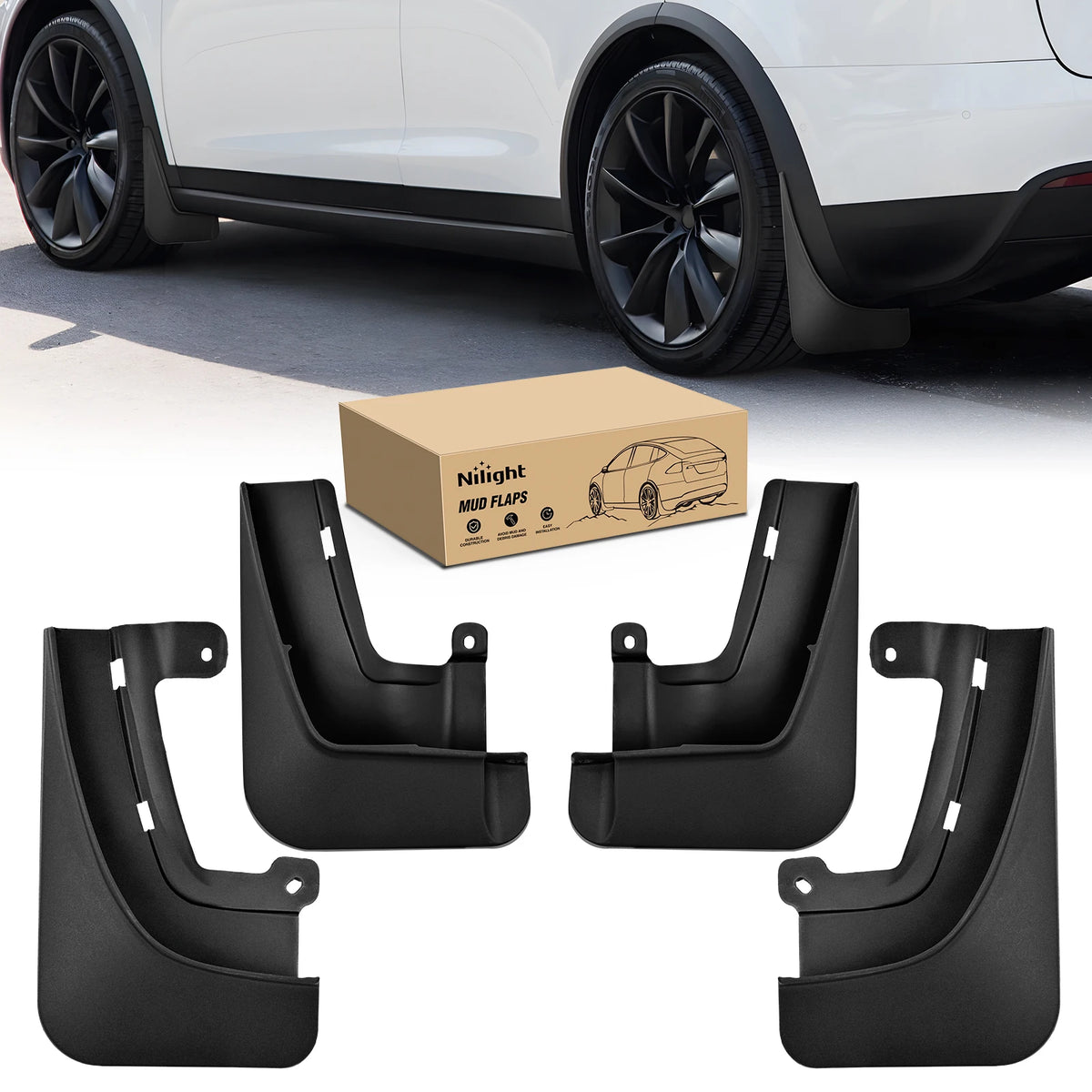 Nilight Mud Flaps for Tesla Model X 2022 2023 2024 2025 2026, No Drilling Precision Fit Exterior Accessories Heavy-Duty Splash Guards Protection, Front & Rear Set Vue