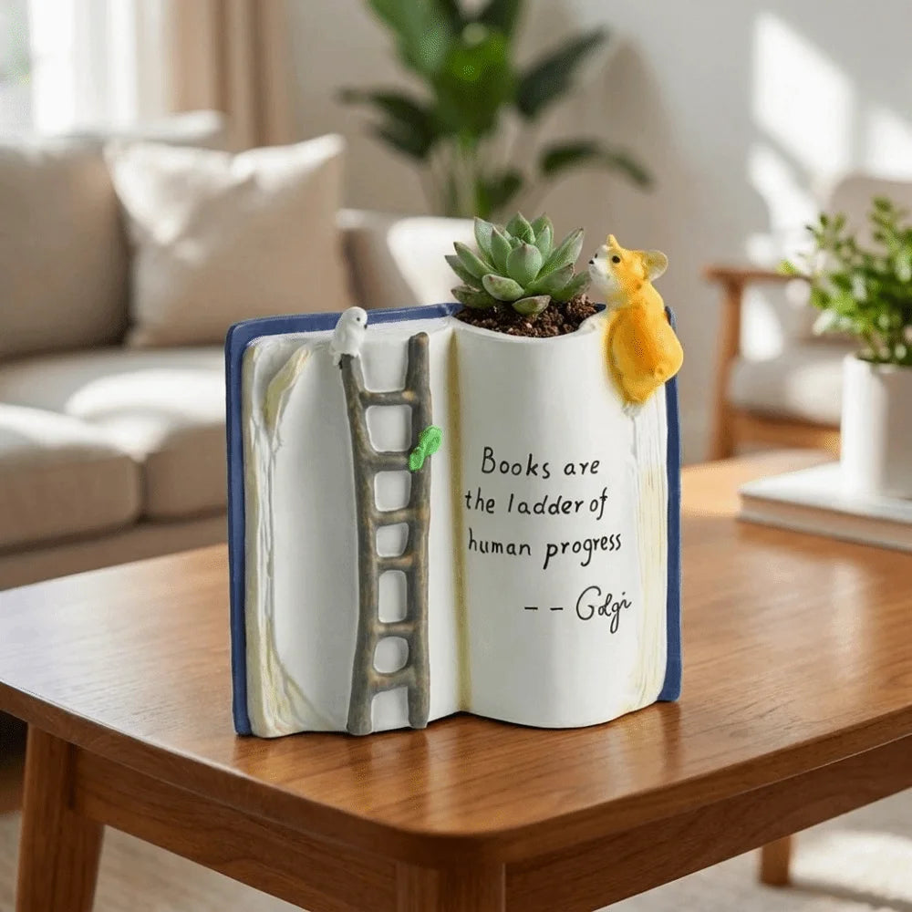 Creative Cartoon Puppy Bird Ladder Planter Compact Adorable Book-Shaped Planter Polyresin Decorative Tabletop Planter Study Vue
