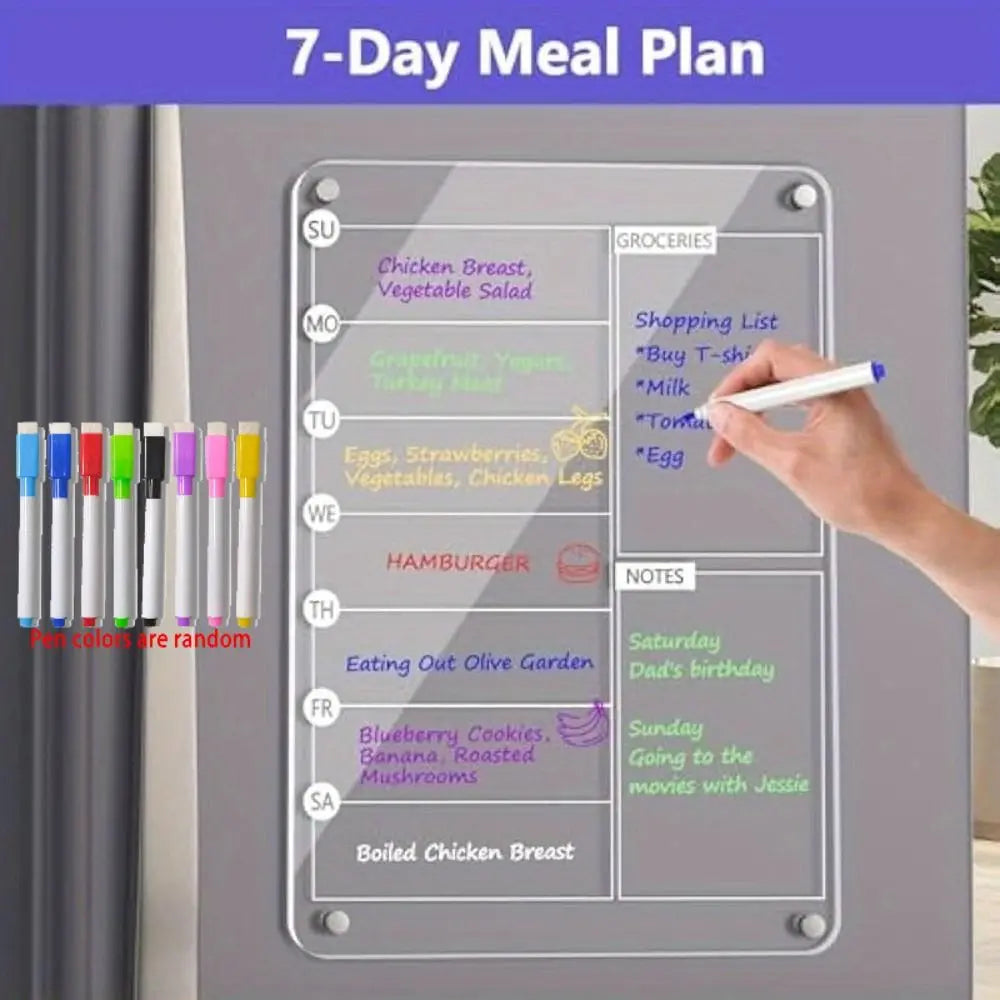 Reusable Fridge Weekly Calendar Multifunctional Transparent Magnetic Acrylic Weekly Planner Frameless with 8 Markers Vue