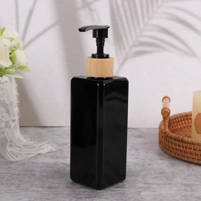 1Pcs Bathroom Dispensers Square Shampoo Shower Gel Body Wash Dispensers Refillable Bamboo Pump Bottles Lotion Containers Vue