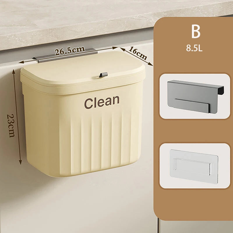 8.5/12L Kitchen Trash Can Wall Mounted Hanging Trash Bin With Lid Garbage Can For Cabinet Under Sink Waste Garbage Compost Bin Vue B