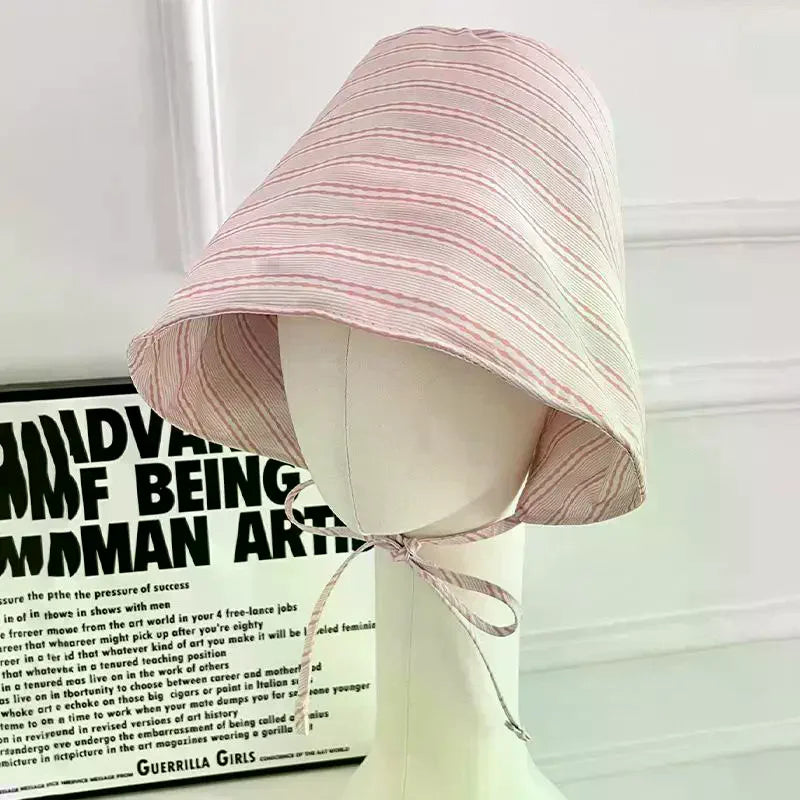Bucket Hat Wide Brim Floral Pastoral French Striped Lace Up Sun Protection for Outdoor Summer Events Vue