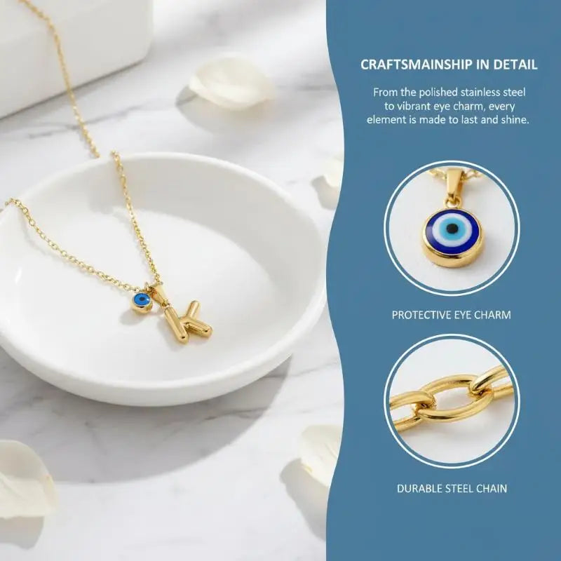 Turkish Blue Eye 3D Letter A-Z Alphabet Necklace For Women Girls Dainty Gold Plated Tiny Letter Stainless Steel Jewelry Gift Vue