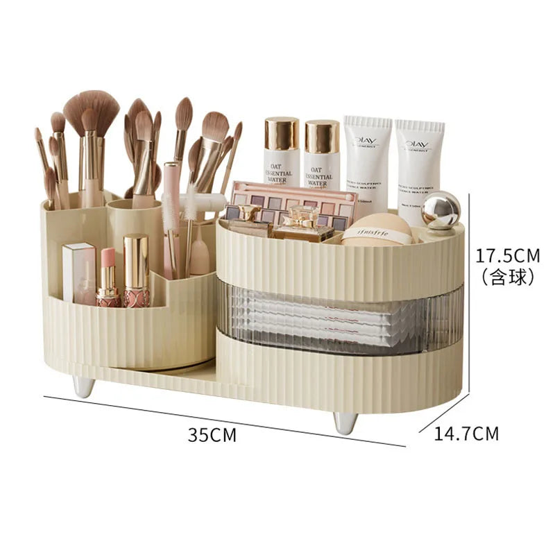 360° Rotating Cosmetic Storage Box Makeup Brushes Drawer Organizer Large Capacity Skincare Eyeshadow Lipstick Compartment Shelf Vue Cream White