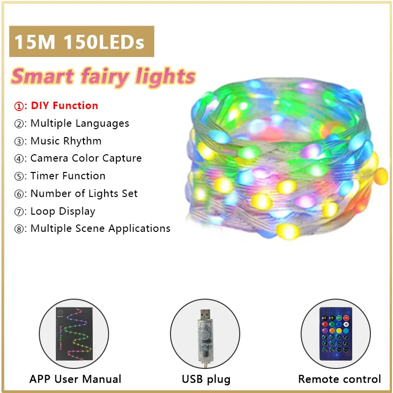 Color Changing Christmas String Lights Winkle Fairy Lights String Waterproof Smart App & Remote for Indoor Outdoor Patio Decor Vue 15M