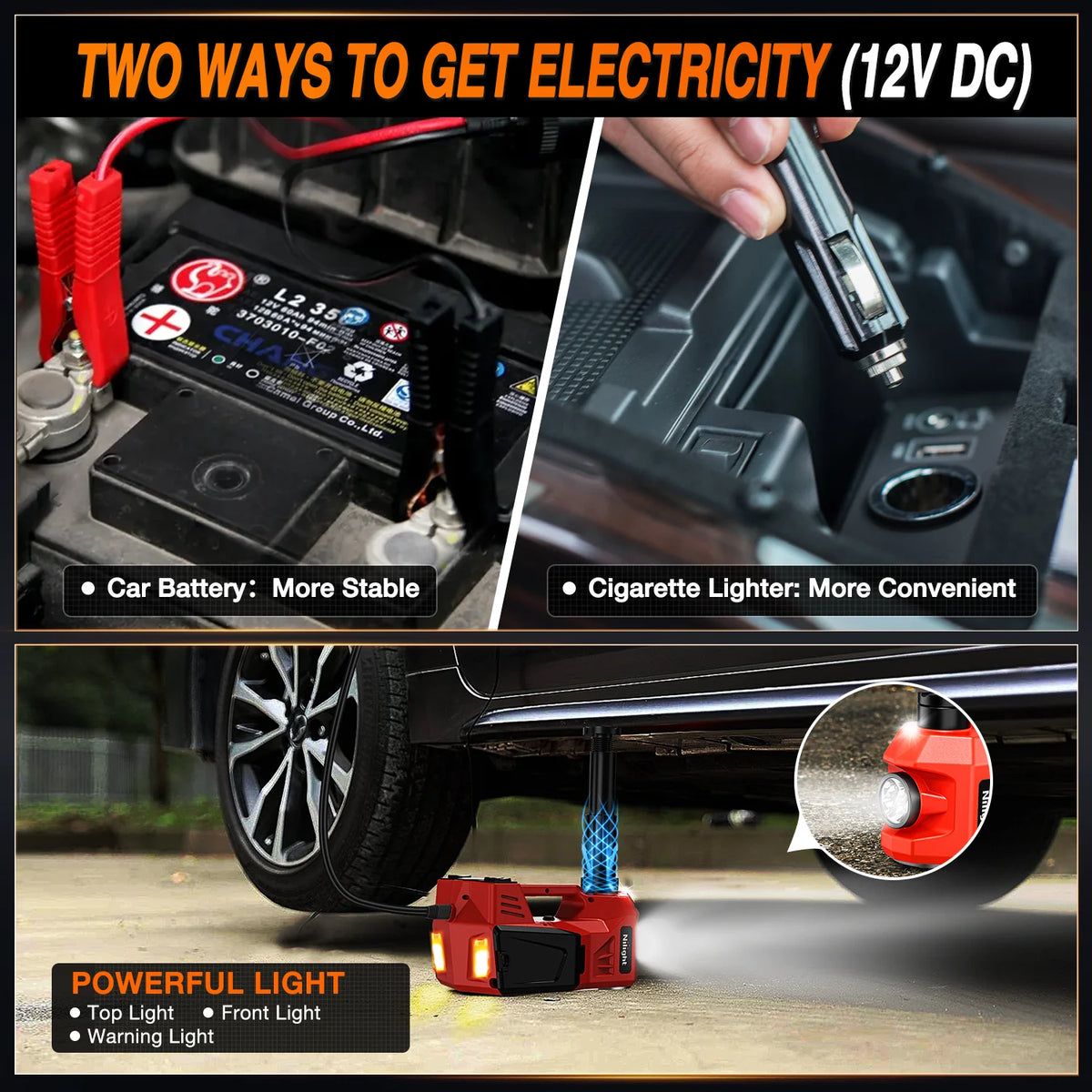 Electric Car Jack 5 Ton 12V Hydraulic with Inflatable Pump LED Light 3 in 1 Portable Floor Jack for Tire Change Vue