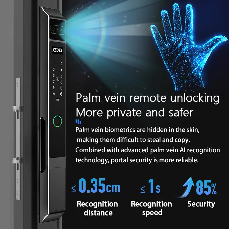 3D Face Palm Vein Tuya WiFi Electronic Smart Door Lock Password Key Fingerprint Aluminum Glass Sliding Door Waterproof Outdoor Vue