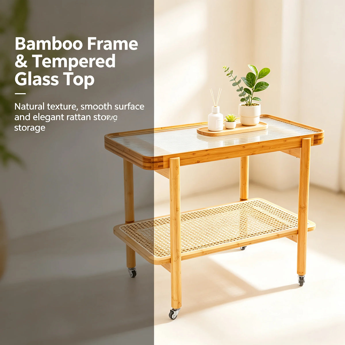 2-Tier Rolling Coffee Table – Tempered Glass & Bamboo, 176 lb Mobile Coffee Table Vue
