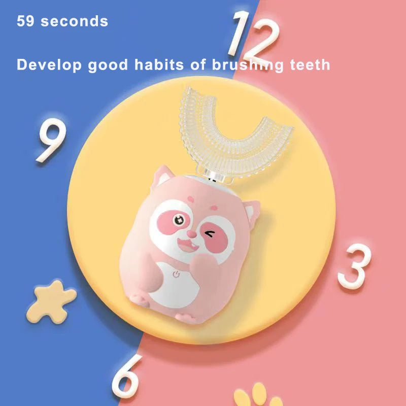 360 Degrees Automatic U Shape Children Electric Toothbrush Rechargeable Smart Kids Sonic Toothbrush Silicone Cartoon Blue Light Vue