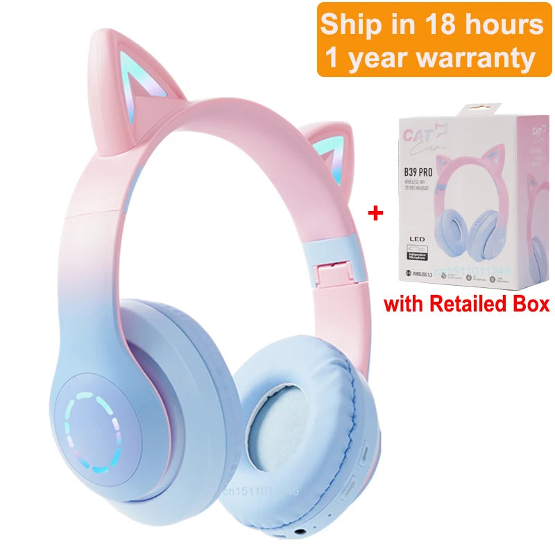 Cat Ears Headphones Flash Light Wireless With MIC Control LED Kid Stereo Cute Music Bluetooth Phone Headset Earphone Girls Gift Vue Type 3 with box