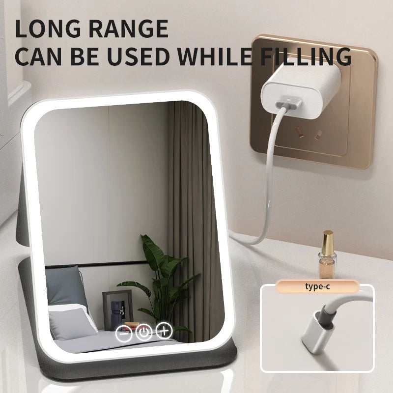 LED Makeup Mirror Portable Foldable with Light Rechargeable Makeup Mirror Desktop Fill Light Leather Shell Mirror Vue