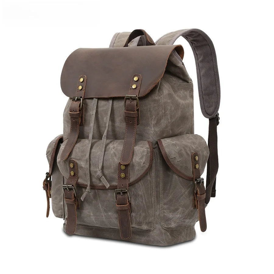 Leather Oil Wax Canvas Backpack Retro Mad Horse Leather Men's Bag Tide Outdoor Travel Large Capacity Backpack Wear-resistant Vue