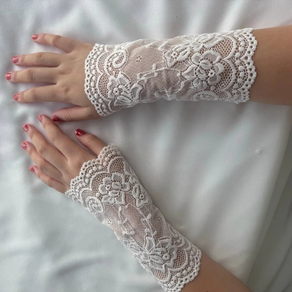Embroidered Lace Detachable Fake Sleeves Hollow Out Mesh Cuff Sun Vue White
