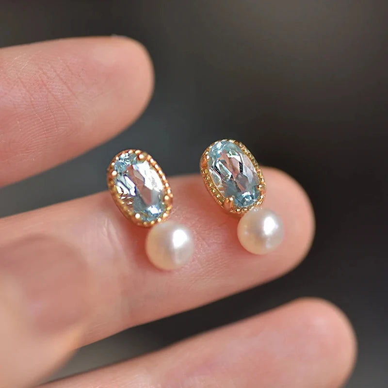 Huitan Sky Blue CZ & Pearl Stud Earrings for Women Pearl CZ Stud Earrings Vue E3585