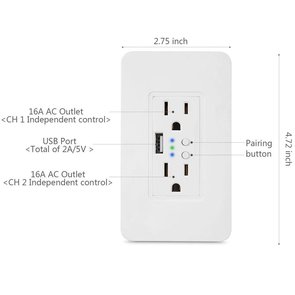 Tuya Smart WiFi Wall Socket Double US Plug Power Outlet with USB Charger Port ON/OFF Remote Control Work with Alexa Google Home Vue