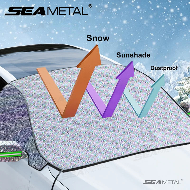 SEAMETAL Car Windshield Cover Winter Snow Shield Sun Shade Protector Magnetic Front Window Anti Snow Cover with Windproof Strap Vue