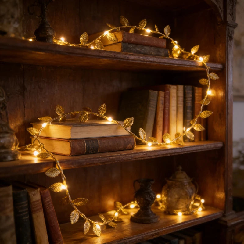 20LED Golden Tiny Leaves Copper Wire String Lights Battery Powered Fairy Lights for Home Wedding Party Christmas DIY Decoration Vue