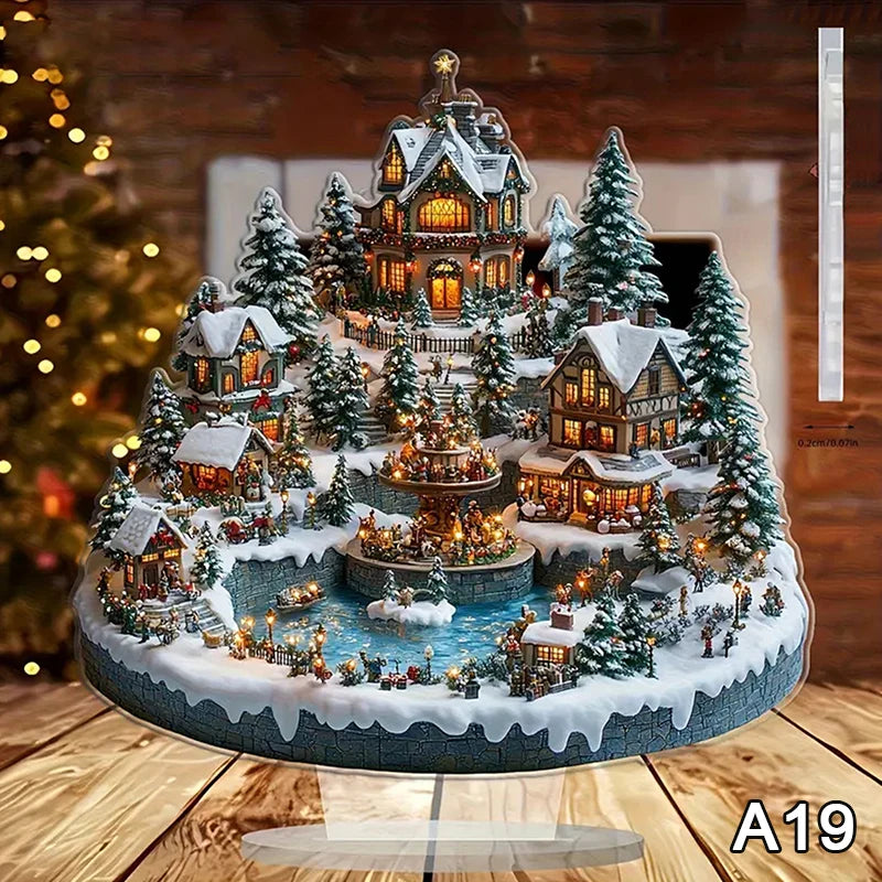 2D Flat Acrylic Christmas Desk Decor With Base Snowman House Rotating Carousel Design Indoor/Outdoor Home Office Decoration Vue A19