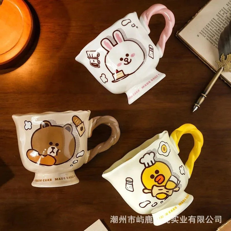 Cute Brown Bear Mugs Ceramic Braid Design Cony Rabbit Coffee Cute high-value water cup Mug Cup Birthday Gift for Lover Friends Vue