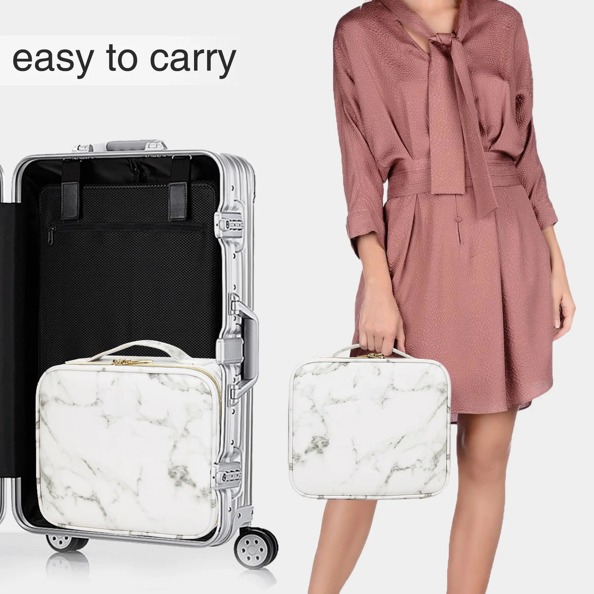 PU Makeup Bag Marble Pattern Portable Large Capacity Makeup Storage Bag Multi functional Travel Makeup Toolbox Vue