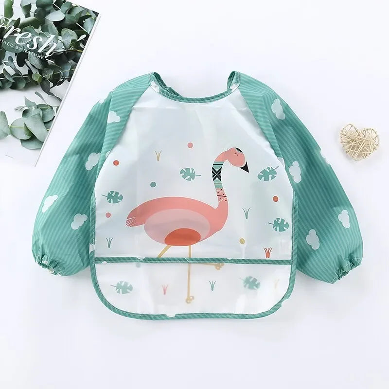 Baby Bib Burp Clothes Eating Smock Infant Toddler 1Pcs Baby Cartoon Long Sleeve Waterproof Art Apron Animal Smock Soft Vue B31 Green Bird 0-3Years old