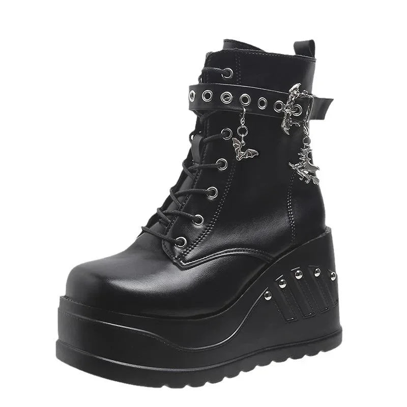 Women's Punk Goth Platform Wedge Boots | Zip & Lace-Up Platform Wedge Boots Vue