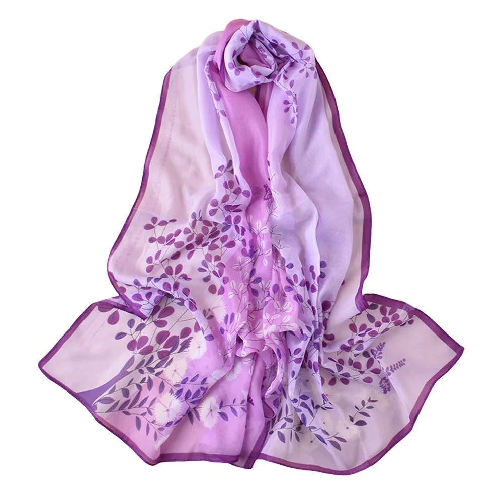 Floral Print Chiffon Scarf Long Thin Shawl Silk Soft Protection Vue Dark Purple