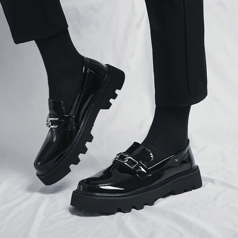 Men's Patent Leather Slip-On Loafers | Thick Sole Dress Shoes Men's Dress Loafers Vue