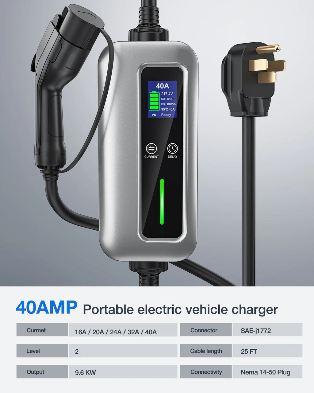Nilight EV Charger Level 2, 40 Amp 240V, 25ft Cable SAE J1772 Portable Electric Car Charger with NEMA 14-50P Plug, Adjustable Current/Delay Timer Vue