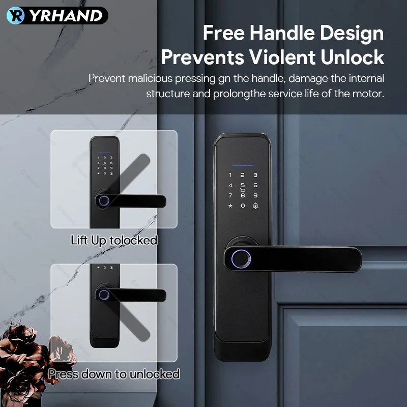 YRHAND Matt Black Fingerprint Door Lock TTLock App Code Card Key Smart Door Lock Security Digital Electronic Lock For Home Vue