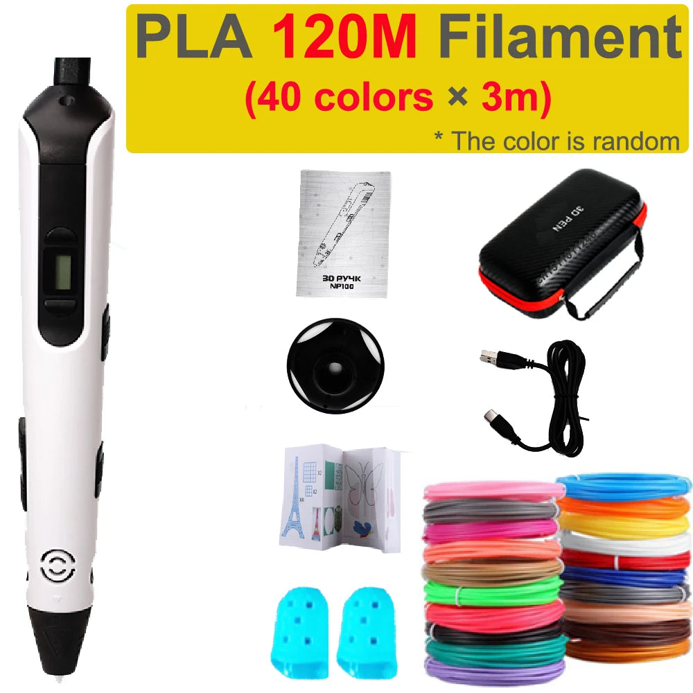 Electronic 3D Printing Pen Kids 1.75mm PLA Filament Graffiti Tool DIY Drawing 3D Pen Children Boys Girls Birthday Holidays Gift Vue White-120PLA