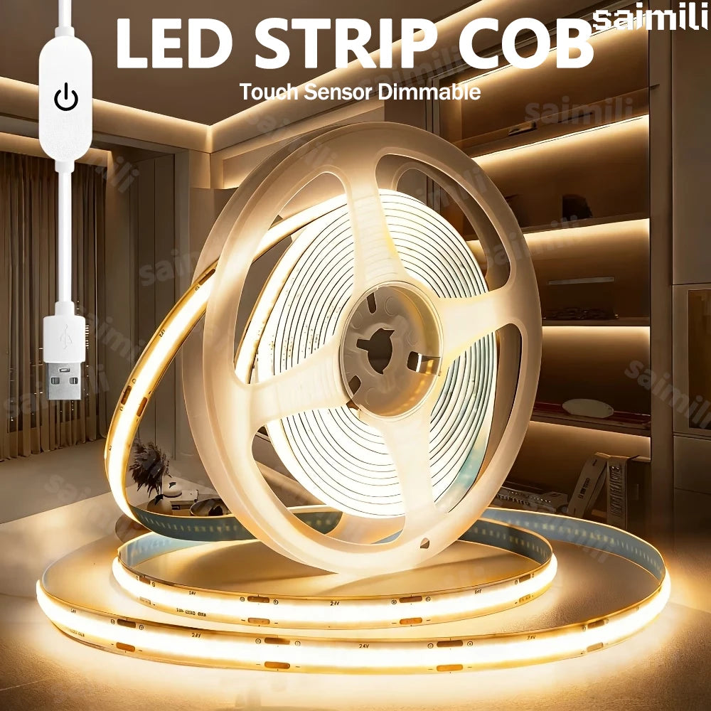 USB 5V COB LED Strip Lights With Touch Control Adjustable Brightness Suitable for Home Cabinets Vanities TV Backgrounds Lighting Vue