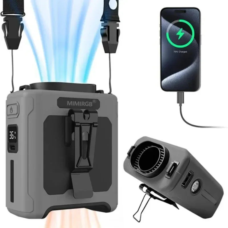 10000mAh Waist Fan Portable Handheld Hanging Neck Fan Ultra-Strong Wind with Phone Charging LED Light for Outdoor Working Vue